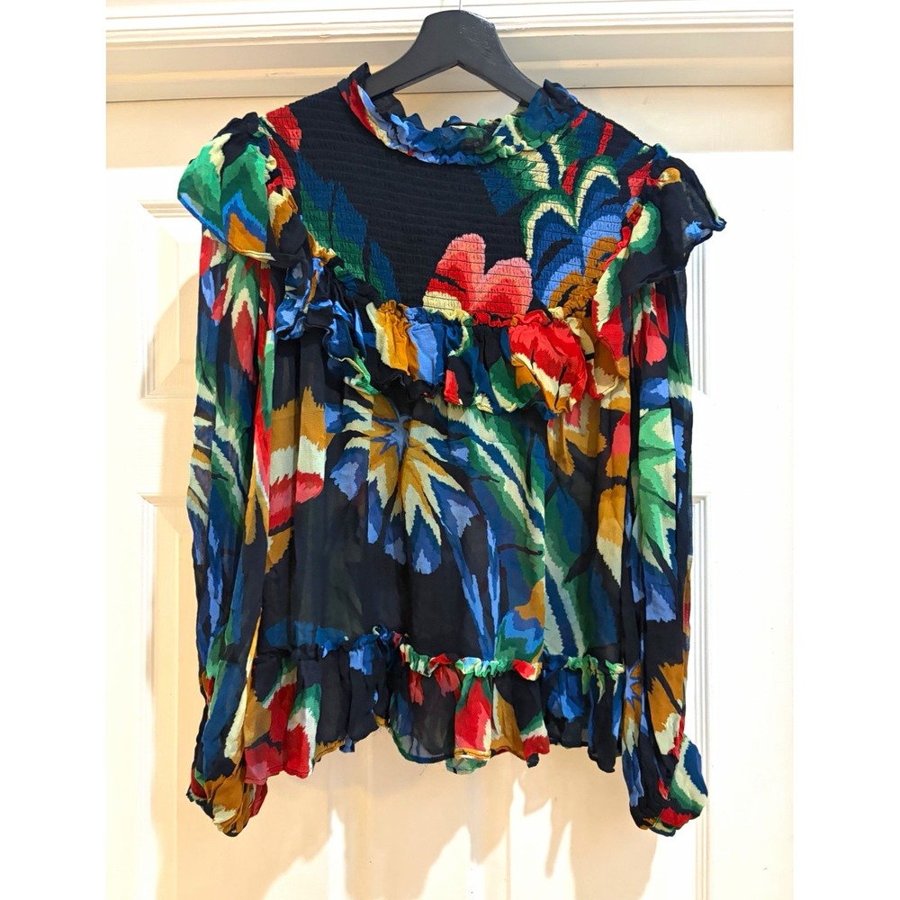 FARM Rio Floral Ruffle Blouse Womens M Multicolor Long Sleeve Round Neck Viscose